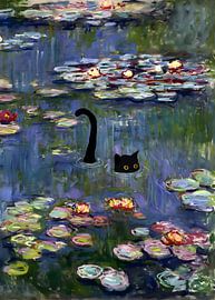 Süße schwarze Katze unter Herbst-Seerosen im Teich von Outdoor Way