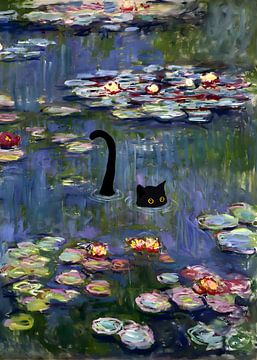 Cute Black Cat under Autumn Water lilies pond by Outdoor Way