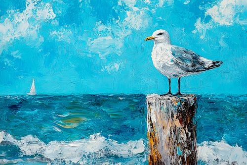 Mouette au bord de la mer avec voilier