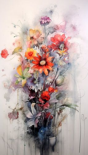 Bouquet de fleurs en techniques mixtes