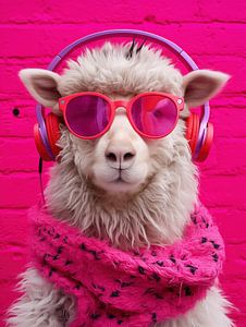 Lustiges Rosa Schaf mit Kopfhörern und Sonnenbrille