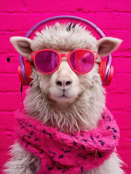 Drôle de mouton rose avec des écouteurs et des lunettes de soleil par Frank Daske | Foto & Design
