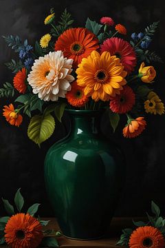 Üppiger Blumenstrauß in grüner Vase von De Muurdecoratie