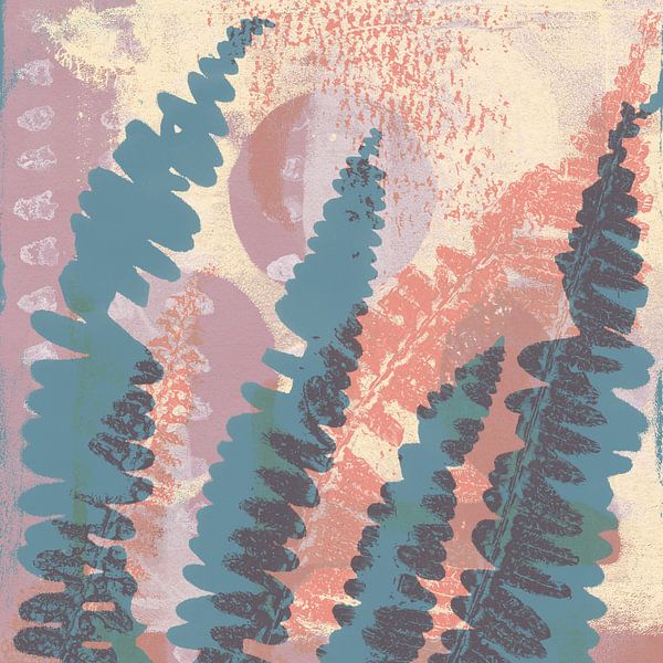 Varens in blauw, roze, lichtgeel en paars. Abstract botanisch. van Dina Dankers