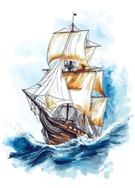 Aquarelle d'un voilier en mer par Pixelbull Design