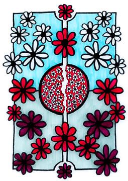 Rood en witte Bloemen in Blauwgrijs van Patricia's Creations