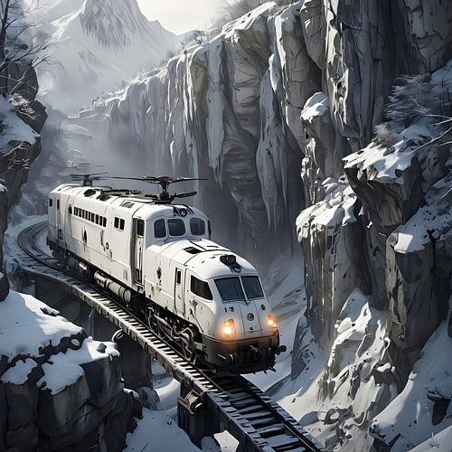 een witte trein rijdt door een besneeuwde kloof, steampunk