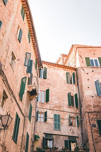 Roze gebouw met groene luiken | reisfotografie print | Siena Toscane Italië