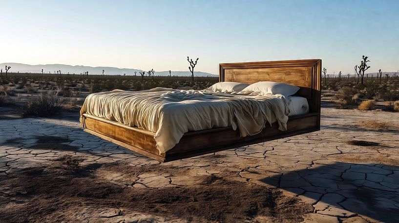 Floating bed over desert landscape by Frank Heinz