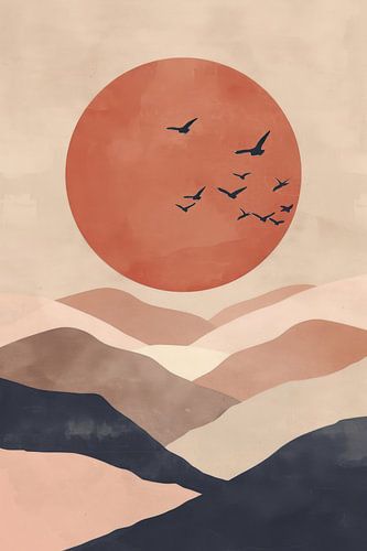 Birds over a surreal desert landscape