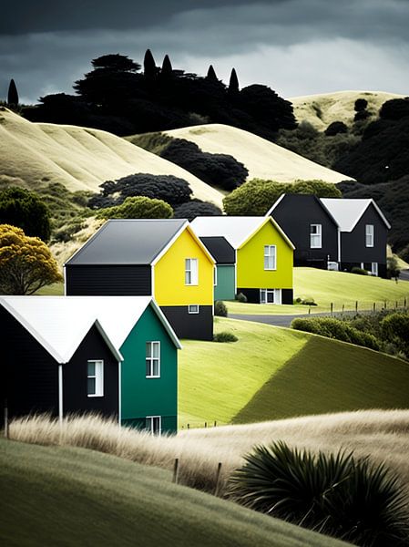Paysage urbain maisons collines arbres vert jaune stylisé par gm_designs