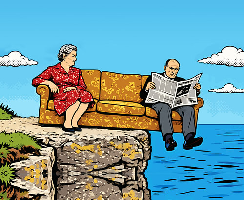 Au bord de la falaise – Illustration d'un couple dans le style Pop Art