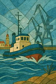 Cubist industrial harbour with a boat by Sabine Wagner