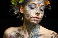 Kunstzinnig Versierde Vrouw met Bloemenkroon en Tatoeages