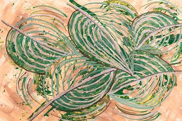 Peinture de cinq feuilles d'hosta dans des tons naturels sur Lisette Rijkers