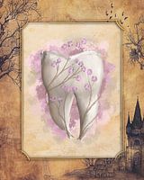 Dent &amp ; fleurs. Peinture surréaliste. Fond vintage.