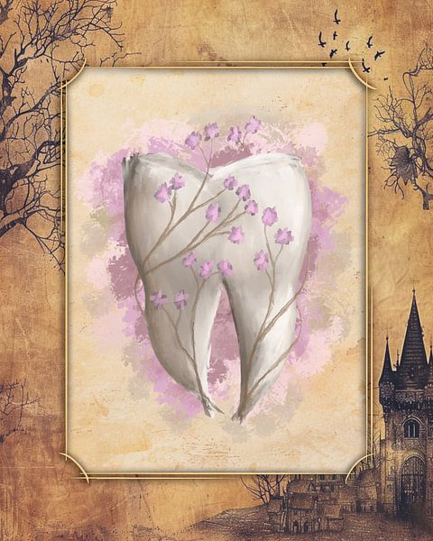Tand &amp; Bloemen. Surrealistisch schilderij. Vintage achtergrond. van SergeivoArt