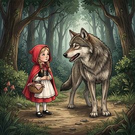 Roodkapje ontmoet grote boze wolf in bos van Markus Gann