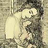 Getekend, schilderachtig werk van naakte langharige vrouw met bloemen van Cor Heijnen