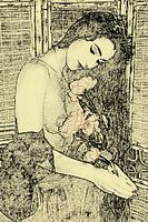 Sign, picturesque work of naked long-haired woman with flowers