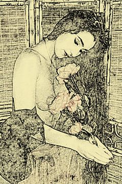 Zeichen, malerische Arbeit der nackten langhaarigen Frau mit Blumen von Cor Heijnen