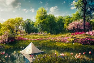 Tente dans un parc avec des fleurs Illustration sur Animaflora PicsStock