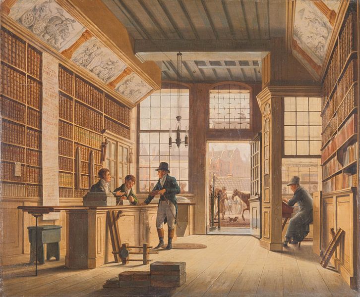 Buchhändler Pieter Meijer Warnars' Geschäft am Vijgendam in Amsterdam, Johannes Jelgerhuis von Meisterhafte Meister
