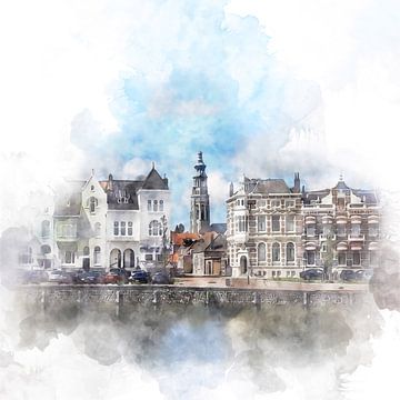 Aquarelle de la Loskade à Middelburg, en Zélande. sur Danny de Klerk