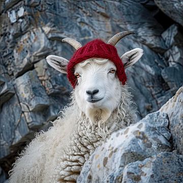 Dierenportret berggeit met rode muts van Vlindertuin Art