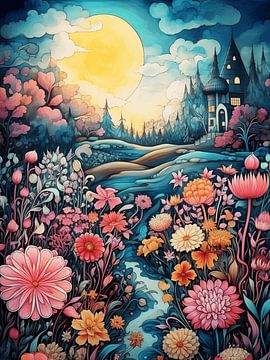 Landschap abstract avond kasteel heuvel bloemen maan lucht van gm_designs