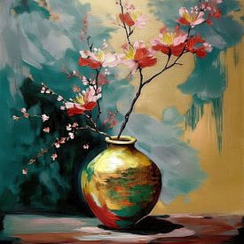 Blüte auf Grün mit Goldvase. Serie: Stillleben im Japanischen Stil -1 von Studio Pieternel