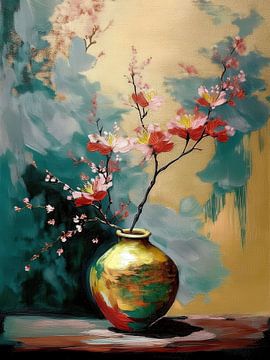 Japandi Stilleven schilderij. Roze bloesem op gouden vaas van Studio Pieternel