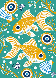 Stilisiertes Muster mit Goldfischen und Meeresmotiven von Karomah Project