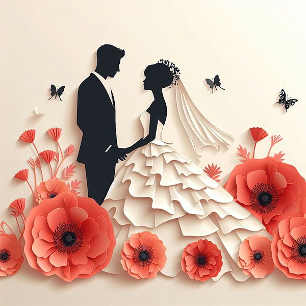 Bride and groom paper art with flowers by Laly Laura