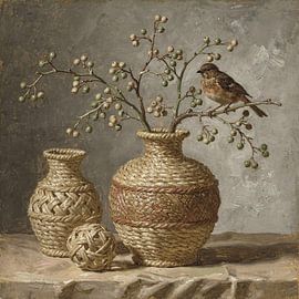 Verweven aarde – landelijk stilleven met vogel en bessentakken van Kleurenrijk