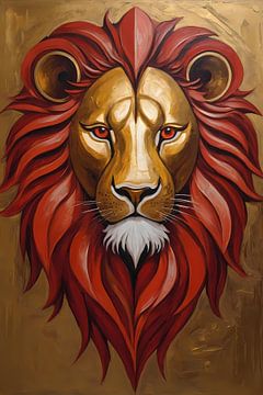 Peinture d'un lion doré à la crinière rouge sur De Muurdecoratie