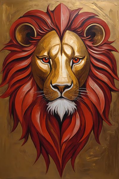 Peinture d'un lion doré à la crinière rouge par Art & Soul Creations