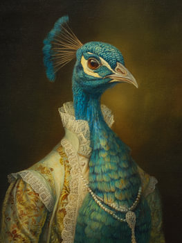 portrait d'un paon en riche costume, aux couleurs royales et à l'élégance classique