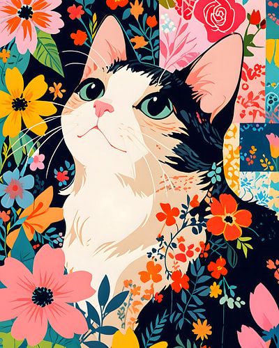 Chat fleuri en patchwork