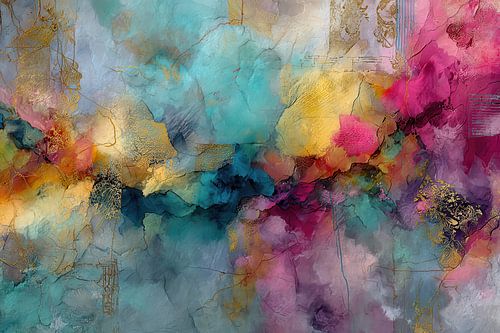 Paars lila abstract schilderij met turquoise en goud