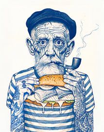 Un vieux marin en train de manger un sandwich sur ArtMomente