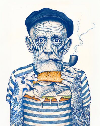 Oude zeeman die een broodje eet