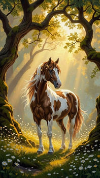 Majestic Pinto Horse in a Sunlit Enchanted Forest