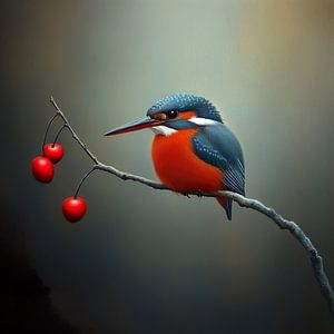Martin-pêcheur sur une branche avec des baies rouges