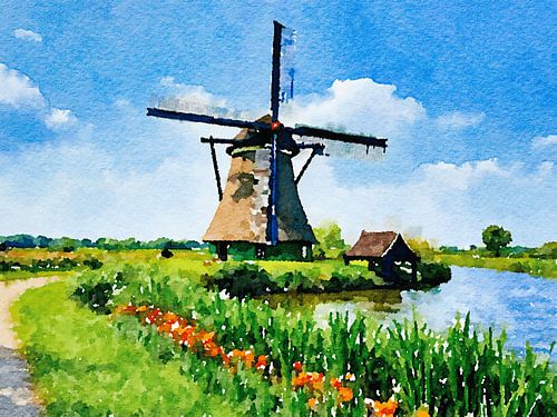 Illustratie van een Nederlands landschap met een molen