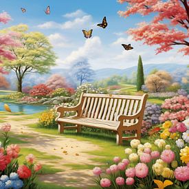 Banc en bois dans le parc, peinture de printemps, design artistique sur Animaflora PicsStock