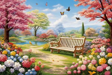 Houten bank in het park, lente schilderij, kunst ontwerp van Animaflora PicsStock