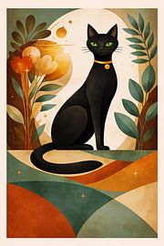 Mystical Black Cat with Botanical Elements – Modern Art