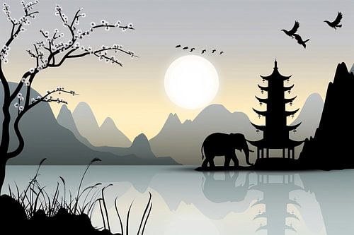 Silhouet Olifant bij Pagoda