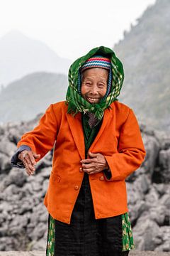 Femme vietnamienne souriante dans les montagnes sur Romy Oomen